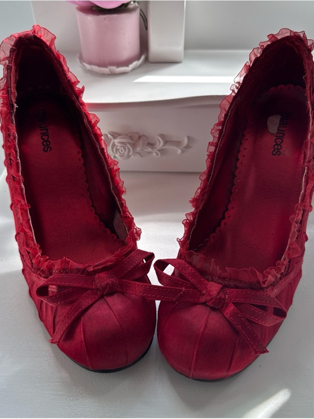 Pulse Red Satin Ruffled Bow Heels - Picture 2 of 2